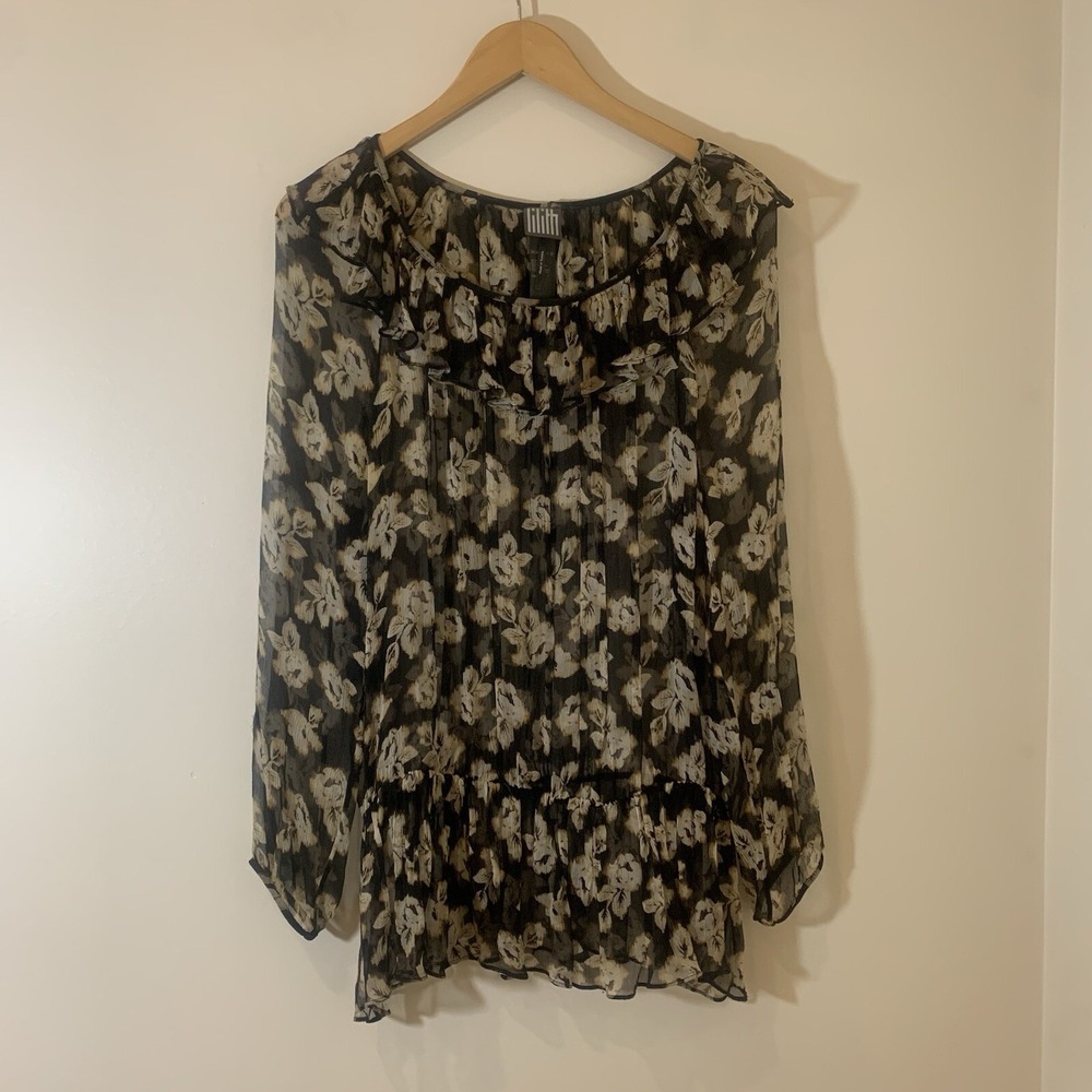 Lillith Womens Sheer Silk Top Small Black Dark Floral Ruffle Fairy‎ Whimsigoth